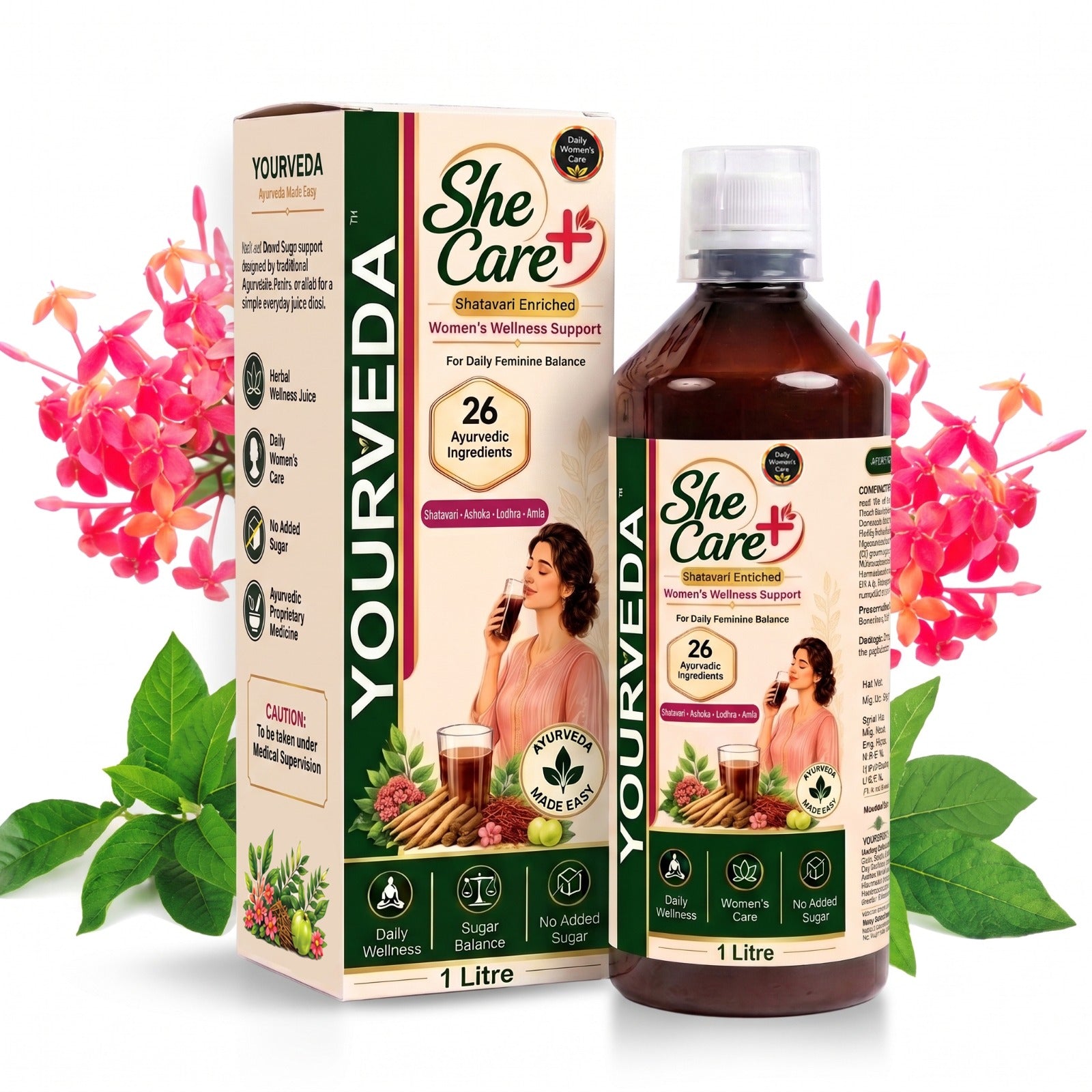 YourVeda She Care+ Women’s Wellness Juice | Shatavari Enriched | 26 Ayurvedic Ingredients | 1 Litre